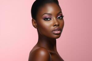 Beautiful african american woman with perfect skin on pink background Ai generated photo