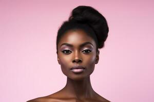 Beautiful african american woman with perfect skin on pink background Ai generated photo