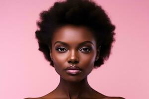 Beautiful african american woman with perfect skin on pink background Ai generated photo