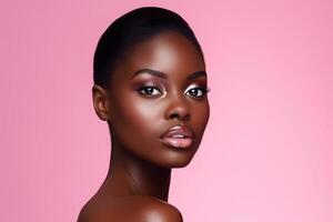 Beautiful african american woman with perfect skin on pink background Ai generated photo