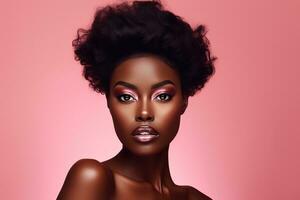 Beautiful african american woman with perfect skin on pink background Ai generated photo