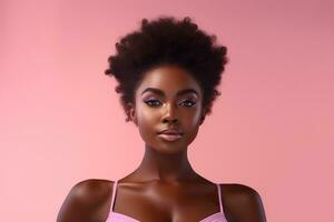 Beautiful african american woman with perfect skin on pink background Ai generated photo