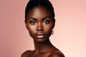 Beautiful african american woman with perfect skin on pink background Ai generated photo