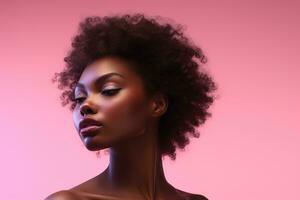 Beautiful african american woman with perfect skin on pink background Ai generated photo