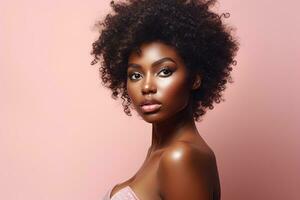 Beautiful african american woman with perfect skin on pink background Ai generated photo