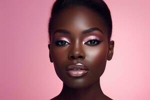 Beauty portrait of young african american woman on pink background Ai generated photo