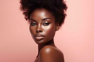 belleza retrato de joven africano americano mujer en rosado antecedentes ai generado foto
