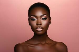 belleza retrato de joven africano americano mujer en rosado antecedentes ai generado foto