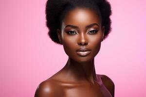Beautiful african american woman with makeup on pink background.ai generated photo