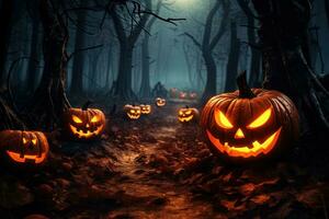 Halloween background with scary pumpkins in dark forest ai generated photo