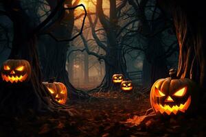 Halloween background with scary pumpkins in dark forest ai generated photo