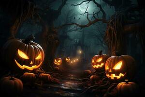 Halloween background with scary pumpkins in dark forest ai generated photo