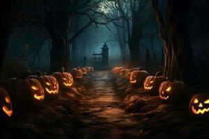 Halloween background with scary pumpkins in dark forest ai generated photo