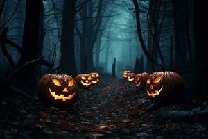 Halloween background with scary pumpkins in dark forest ai generated photo