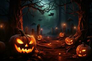 Halloween background with scary pumpkins in dark forest Ai generated photo