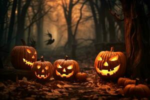 Halloween background with scary pumpkins in dark forest Ai generated photo