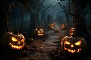 Halloween background with scary pumpkins in dark forest Ai generated photo