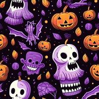 Halloween seamless pattern with pumpkins and skulls Ai generated photo