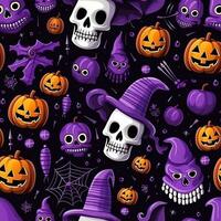 Halloween seamless pattern with pumpkins and skulls Ai generated photo