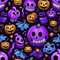 Halloween seamless pattern with pumpkins and skulls Ai generated photo