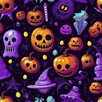 Halloween seamless pattern with pumpkins and skulls Ai generated photo