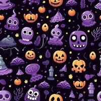 Halloween seamless pattern with pumpkins and skulls Ai generated photo