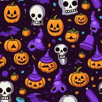 Halloween seamless pattern with pumpkins and skulls Ai generated photo