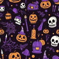 Halloween seamless pattern with pumpkins and skulls Ai generated photo