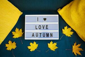 lightbox with yellow leaves on a plaid-inscription I love autumn photo