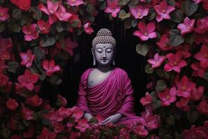 Buddha statue surrounded by pink peony flowers on dark background Ai generated photo