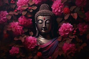 Buddha statue surrounded by pink peony flowers on dark background Ai generated photo