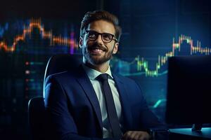 Portrait of a handsome young businessman in suit and glasses sitting at the table with crossed arms and looking at camera. Stock market chart on the background Ai generated photo