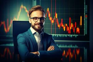 Portrait of a handsome young businessman in suit and glasses sitting at the table with crossed arms and looking at camera. Stock market chart on the background Ai generated photo