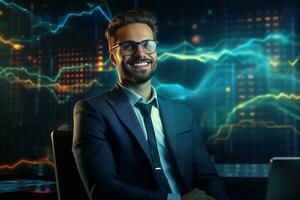 retrato de un hermoso joven empresario en traje y lentes sentado a el mesa con cruzado brazos y mirando a cámara. valores mercado gráfico en el antecedentes ai generado foto