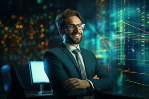 Portrait of a handsome young businessman in suit and glasses sitting at the table with crossed arms and looking at camera. Stock market chart on the background Ai generated photo