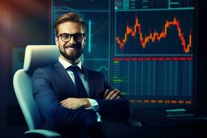 Portrait of a handsome young businessman in suit and glasses sitting at the table with crossed arms and looking at camera. Stock market chart on the background Ai generated photo