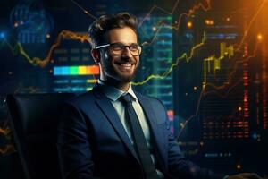 Portrait of a handsome young businessman in suit and glasses sitting at the table with crossed arms and looking at camera. Stock market chart on the background Ai generated photo