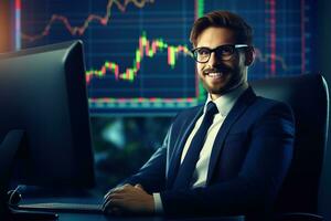 Portrait of a handsome young businessman in suit and glasses sitting at the table with crossed arms and looking at camera. Stock market chart on the background Ai generated photo
