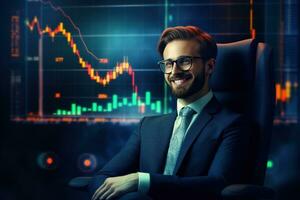 Portrait of a handsome young businessman in suit and glasses sitting at the table with crossed arms and looking at camera. Stock market chart on the background Ai generated photo