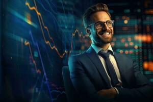 Portrait of a handsome young businessman in suit and glasses sitting at the table with crossed arms and looking at camera. Stock market chart on the background Ai generated photo