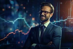 Portrait of a handsome young businessman in suit and glasses sitting at the table with crossed arms and looking at camera. Stock market chart on the background Ai generated photo