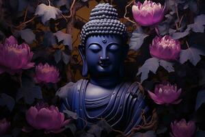 Buddha statue with purple flowers in the background Ai generated photo
