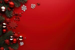 Christmas background with fir branches, cones and gift box on red background Ai generated photo