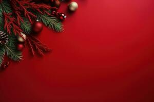 Navidad antecedentes con abeto sucursales, conos y regalo caja en rojo antecedentes ai generado foto