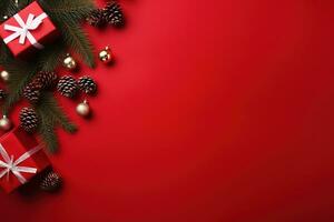 Christmas background with fir branches, cones and gift box on red background Ai generated photo