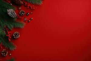 Christmas background with fir branches, cones and gift box on red background Ai generated photo