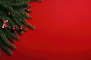 Navidad antecedentes con abeto sucursales, conos y regalo caja en rojo antecedentes ai generado foto