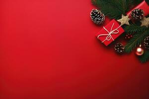 Christmas background with fir branches, cones and gift box on red background Ai generated photo