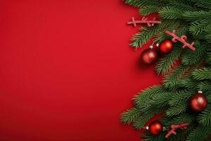 Christmas background with fir branches, cones and gift box on red background Ai generated photo