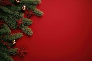 Christmas background with fir branches, cones and gift box on red background Ai generated photo